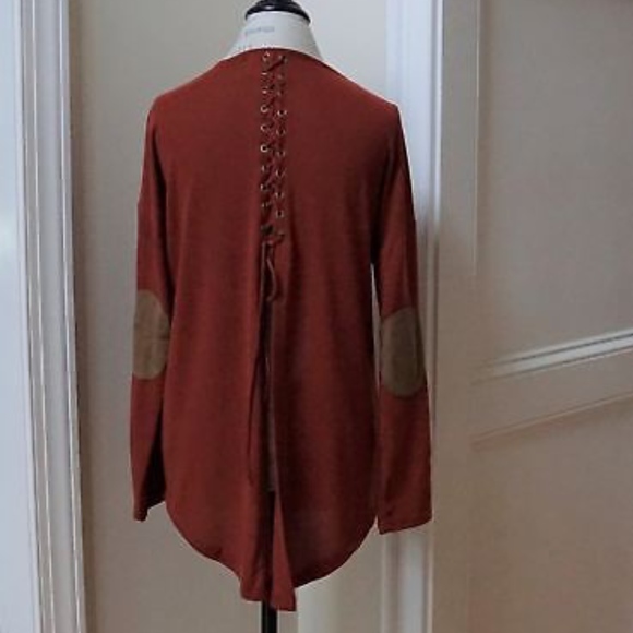 Lace up Back Knit Top With Suede Elbow Patch Rust - Picture 7 of 7